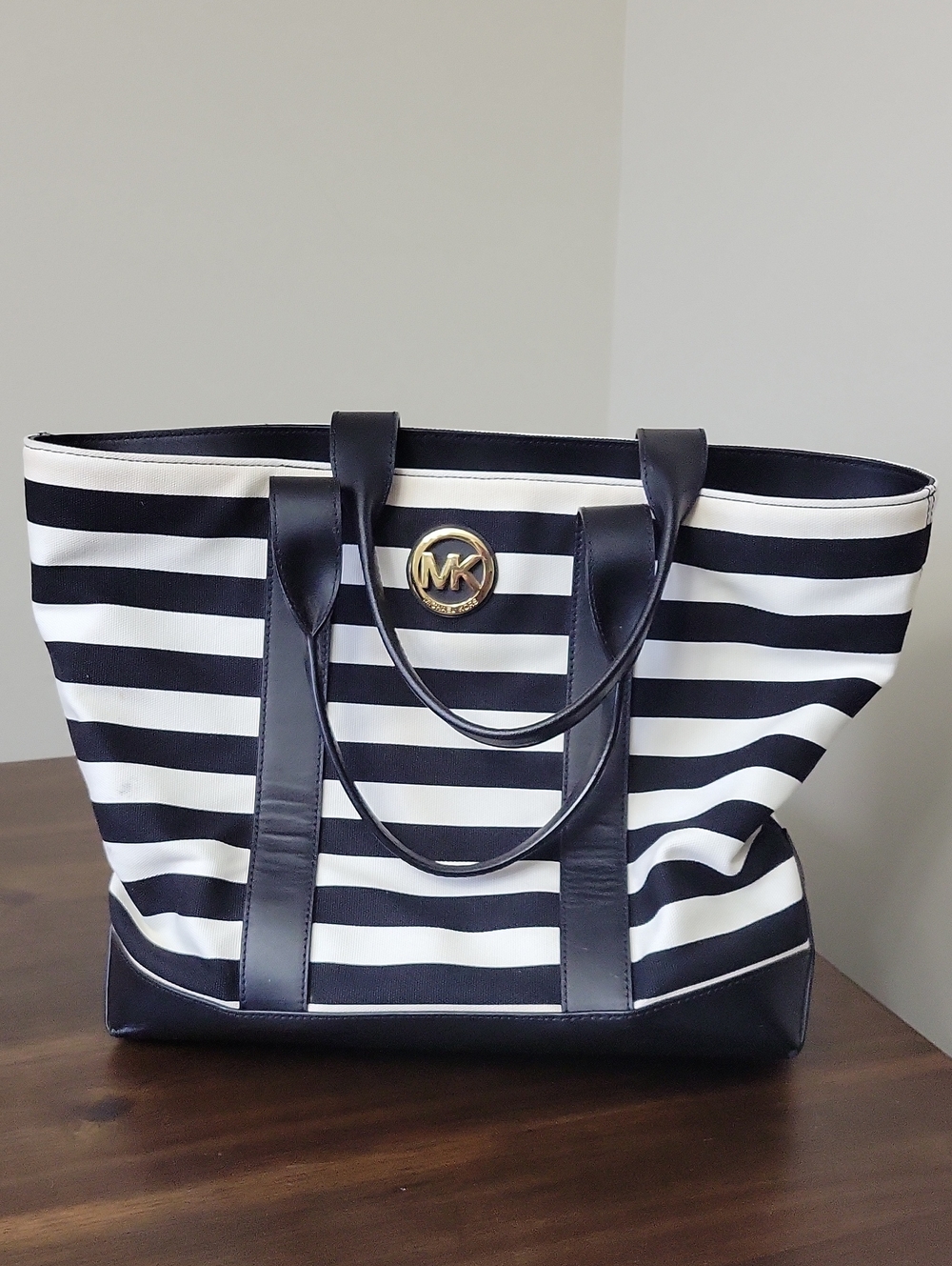 Michael Kors Black and White Striped Tote with Gold MK Emblem